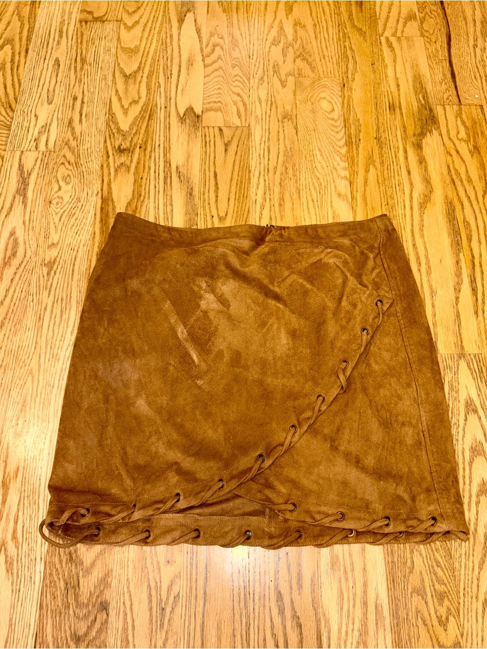 Express Faux Suede Lace Up Wrap Mini Skirt Camel Tan Brown Large L